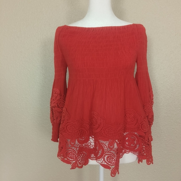 Petal Roz women's blouse with embroidered details puff sleeves size M orange cor - Picture 2 of 9